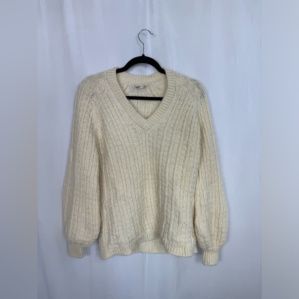 Faherty alpaca cream sweater with puff sleeves